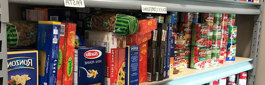 Shelves of food at the SBU Food Pantry